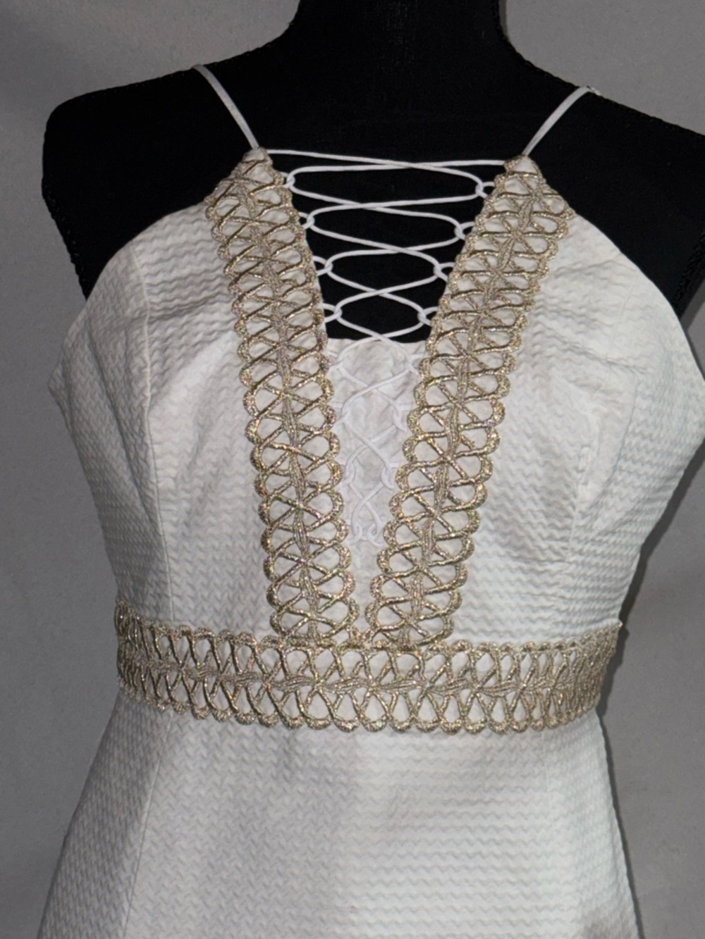 Lilly Pulitzer White Halter Mini Dress with Braided Neutral Trim - Picture 4 of 8